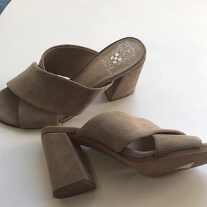 Vince Camuto tan suede sandals.